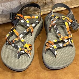 Chaco Sandals ,Orange geometric pattern  with gray; Women’s 10; Like New!